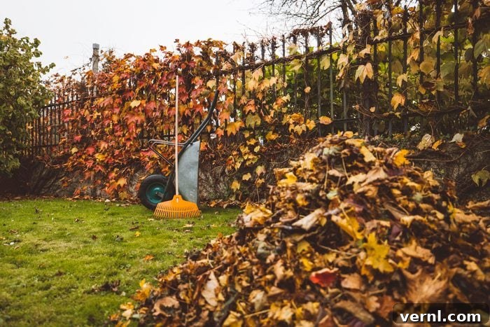 Winterize Your Lawn: The Essential Guide for a Healthy Spring 5 A pile of golden autumn leaves in front and a wheelbarrow with rake leaning on it in the background