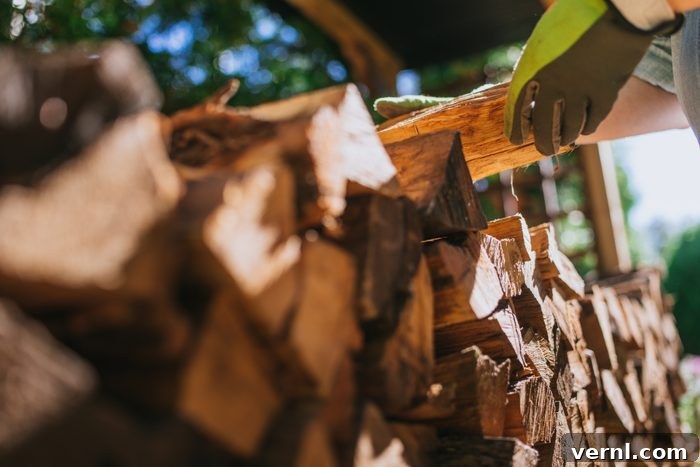 Woman stacking fire wood outdoor.