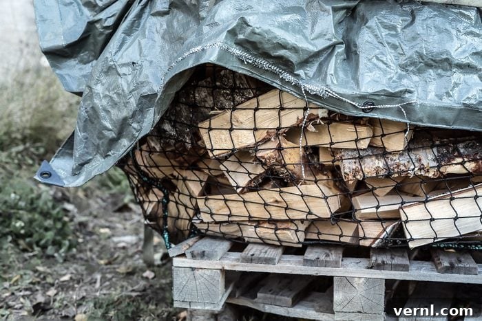 Unlock the Secrets of Perfect Firewood Storage 2 pile of firewood on wooden plank covered with a tarp for the winter