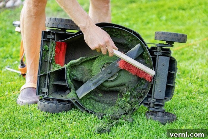 Keep Your Mower Running Smooth: The Essential Oil Change Guide 2 cleaning lawn mower with brush to remove grass clippings