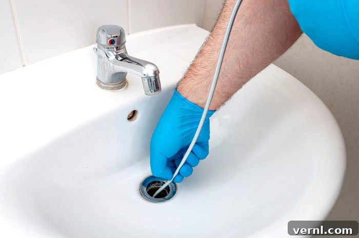 Clear Clogs Naturally 3 A plumber using a drain snake to clear a stubborn clog from a pipe.