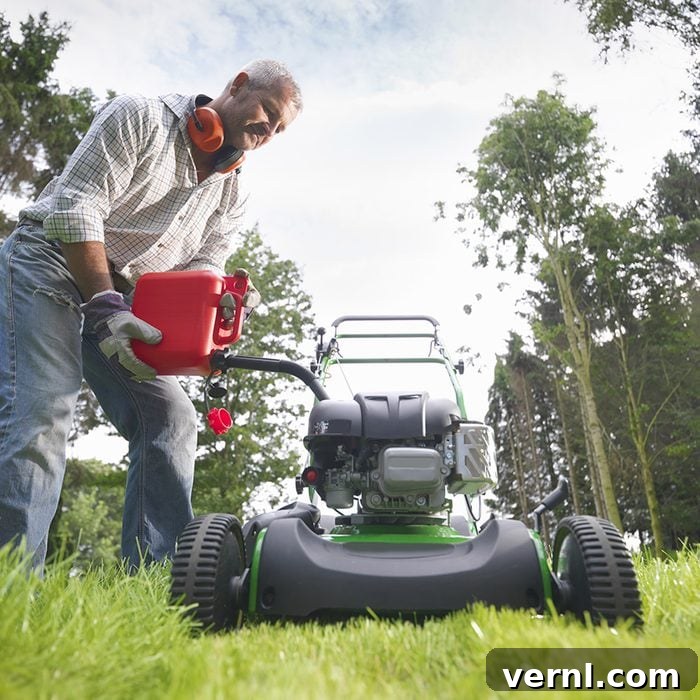Evergreen Engines: The All-Season Maintenance Masterclass 3 Gardener Pouring Petrol Into Lawn Mower, Surface Level View