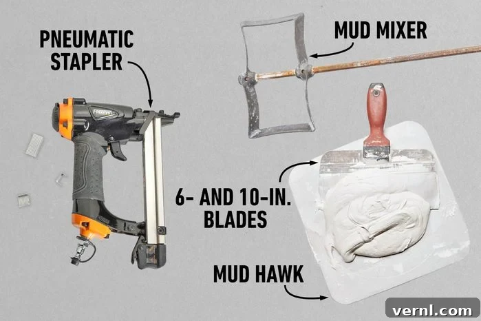The Complete Drywall Guide for Homeowners 13 Fh22jun 618 10 018 019 020 Tools Include Mud Mixer Blades Pneumatic Stapler And Mud Hawk Homeowner's Guide To Drywall
