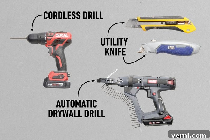 The Complete Drywall Guide for Homeowners 14 Fh22jun 618 10 009 005 004 Tools Include Automatic Drywall Drill Utility Knife And Cordless Drill Homeowner's Guide To Drywall