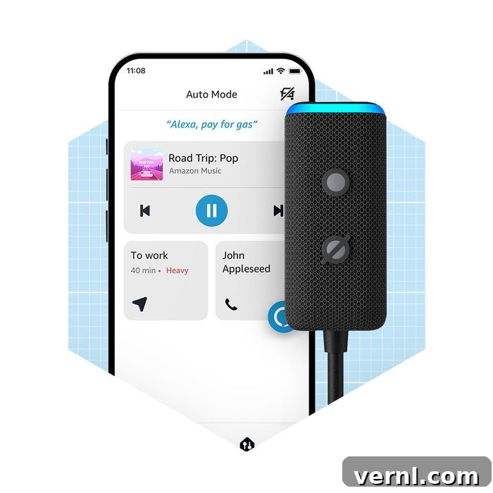 Amazon Echo Auto 2nd Gen device isolated on a white background, showcasing its compact size and design.