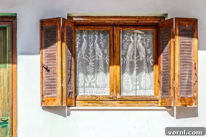 Reviving a Legacy: The True Cost of Historic Home Restoration 2 Old wooden window with open shutters on white stucco wall with insect netting tacked on and white lace peacock curtains - part of door visible - golden hour sun and shade