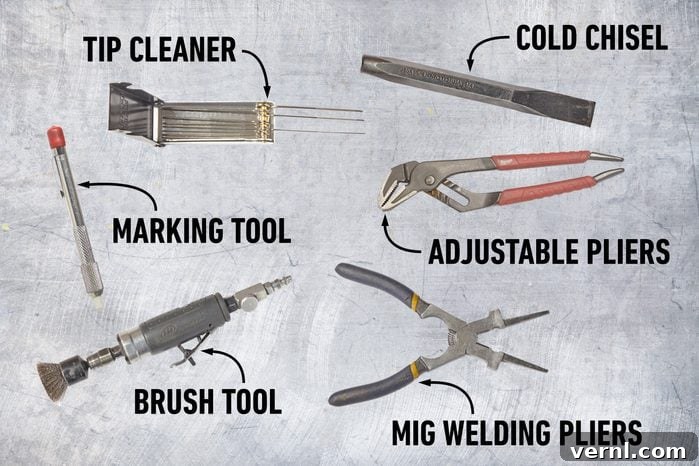 Unlock Expert MIG Welding: Insider Tips from a Master 11 Assorted welding tools including marking tool, MIG pliers, tip cleaner, brush tool, cold chisel, and adjustable pliers.