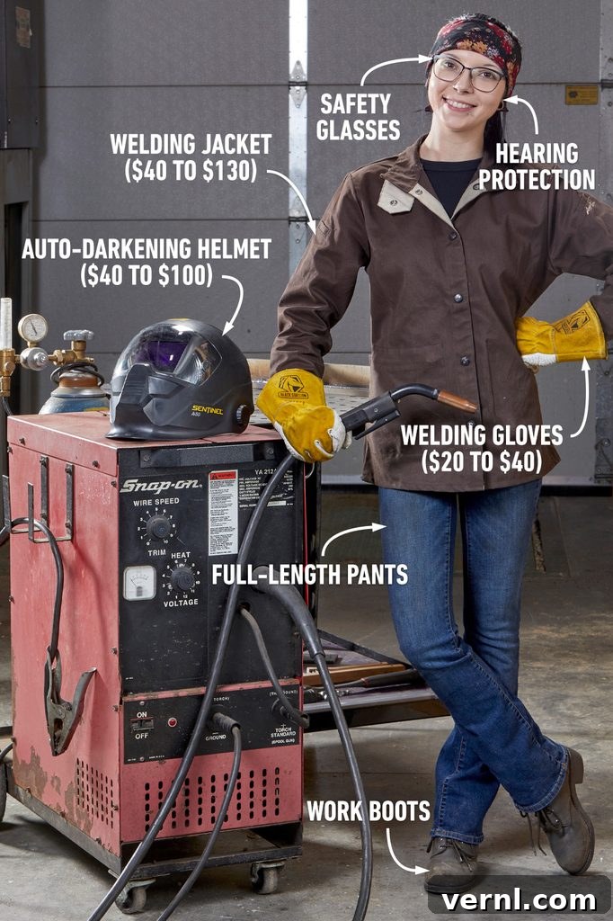 Unlock Expert MIG Welding: Insider Tips from a Master 8 Welder wearing full safety gear including helmet, jacket, and gloves.
