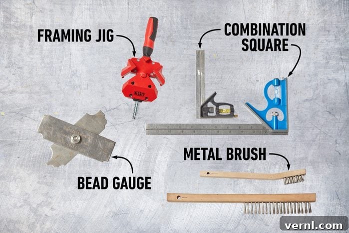 Unlock Expert MIG Welding: Insider Tips from a Master 9 Collection of welding tools including a framing jig, bead gauge, combination square, and metal brush.