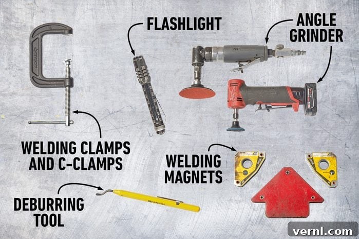 Unlock Expert MIG Welding: Insider Tips from a Master 10 Welding clamps, magnets, angle grinder, deburring tool, and flashlight displayed.