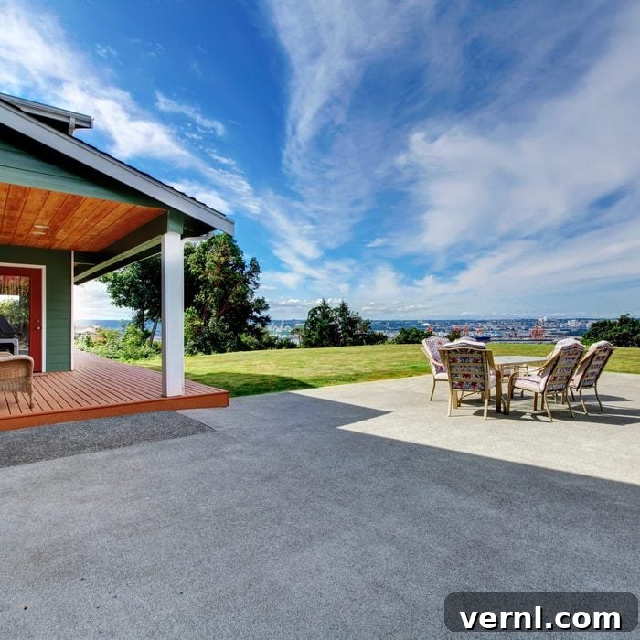 View of a large concrete floor patio area in a backyard