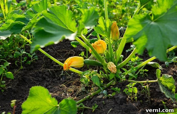 Squash Success From Seed to Harvest 2 Green courgette zucchini plant growing in a small vegetable garden