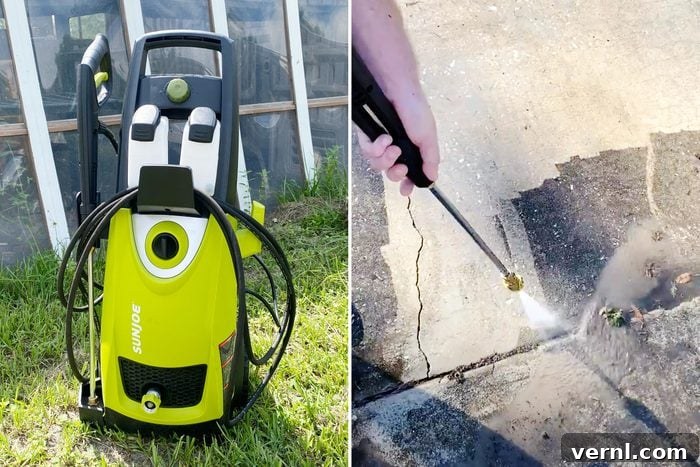 Sun Joe Electric Pressure Washer: The Premier Choice for Home Cleaning 2 Sun Joe Pressure Washer making a noticeable clean path on a dirty surface