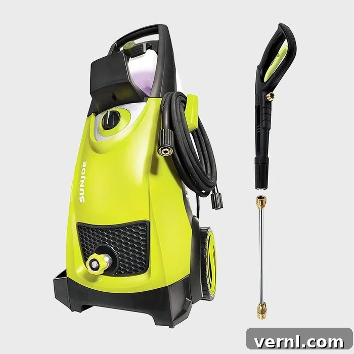 Sun Joe Electric Pressure Washer: The Premier Choice for Home Cleaning 5 Sun Joe Pressure Washer next to a clean spot on a concrete patio