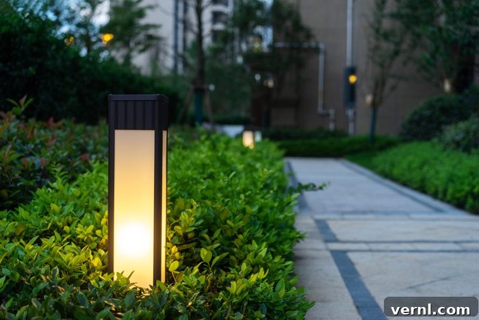 Brighten Your Walkways A Homeowners Guide 5 bollard lights in a bush illuminating a pathway