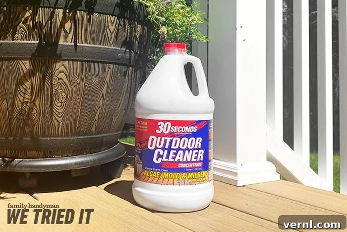30 Seconds Outdoor Cleaner The Definitive Review 2 A bottle of 30 Second Outdoor Cleaner prominently displayed on a clean wooden deck, symbolizing effective outdoor maintenance.