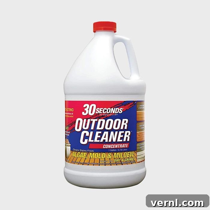 30 Seconds Outdoor Cleaner The Definitive Review 5 A one-gallon bottle of 30 Second Outdoor Cleaner shown with its packaging, ready for purchase on Amazon.com.