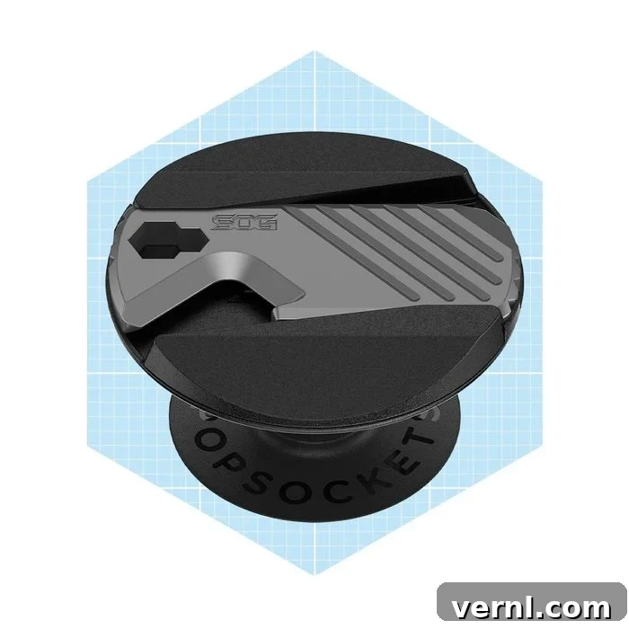 Your Phone's Next Essential Accessory The Back Mounted Multi Tool 3 The PopSockets PopGrip SOG Multi-Tool in a different angle, highlighting its discreet integration with a phone case.