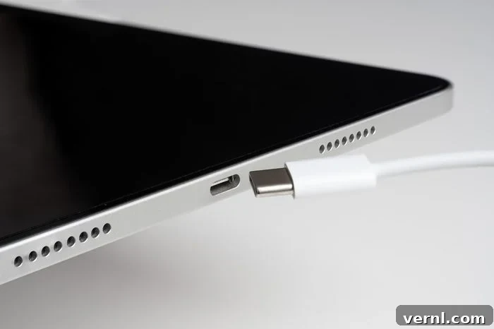close up of usb-c pd wire near usb-c port on a tablet