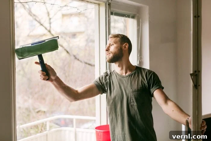 Man cleaning glass window in a modern home with cleaning spray