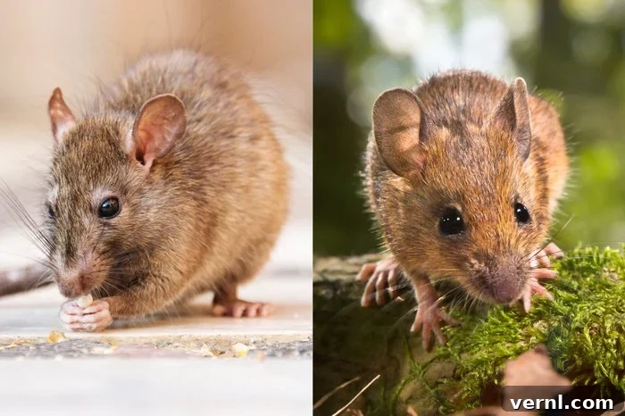 Beyond Size: Differentiating Rats and Mice 2 Two rodents, one larger (rat) and one smaller (mouse), contrasting their size and appearance, representing the common pest dilemma.