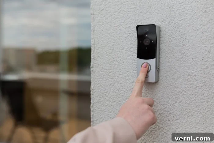 Safeguard Your Home: The Complete Security Guide 3 Woman's hand pressing a smart doorbell with an integrated surveillance camera on a house wall, ensuring front door security.