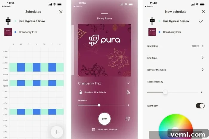 Pura Home Fragrance app screenshots showing scheduling and intensity settings
