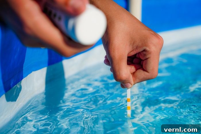 Mastering Your Pool's pH 2 hands dipping a PH test strip into a swimming pool