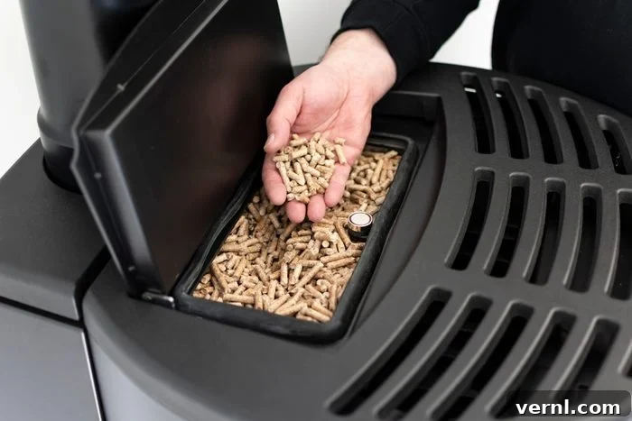 Man holding wood pellets above a modern black pellet stove