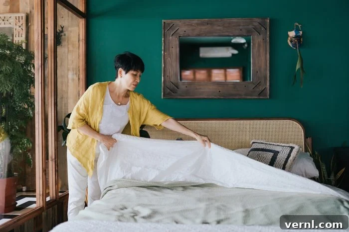 Senior Asian woman doing her morning routine, making up her bed at home. Let's get the day started