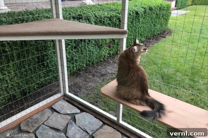 Crafting the Perfect Catio: Benefits, DIY Steps, and Design Inspiration 4 cat inside a catio looking out into a backyard
