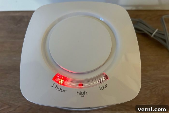 Electrician-Approved: The 3 Safest Space Heaters for Your Home 5 Top view of Lasko heater with red power light on, indicating operation