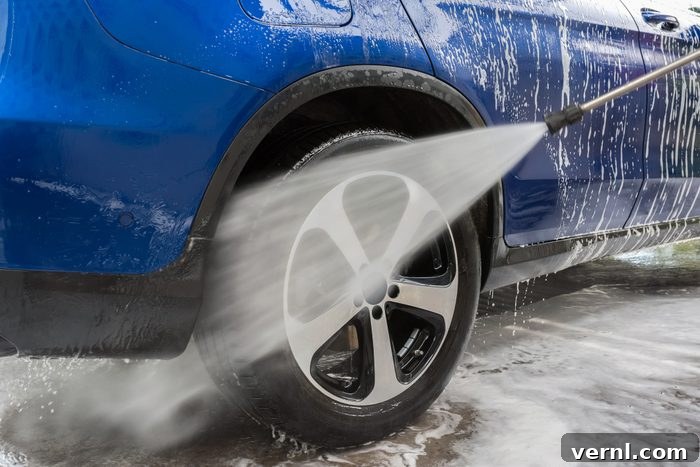 Car Washing. Cleaning Car Using High Pressure Water. Autowashing outdoors