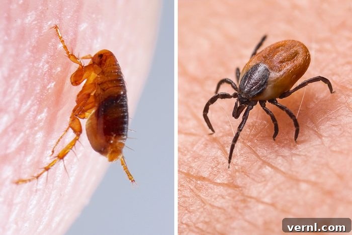 Side by side comparison of a close up of a flea and a tick