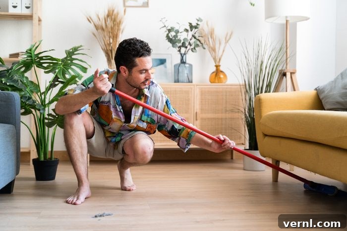 Man cleaning the floor with broom.
