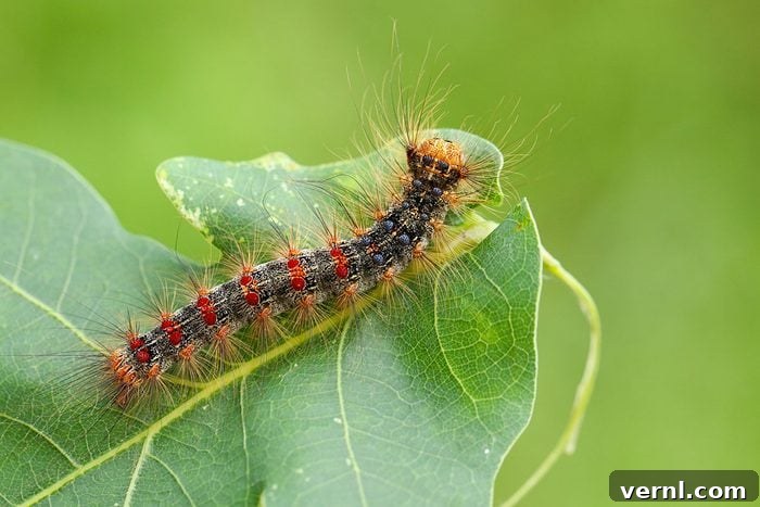 Spongy Moth Sighting: Your Essential Next Steps 2 A Spongy Moth Caterpillar (Lymantria Dispar) Feeding On An Oak Tree Leaf In Woodland.