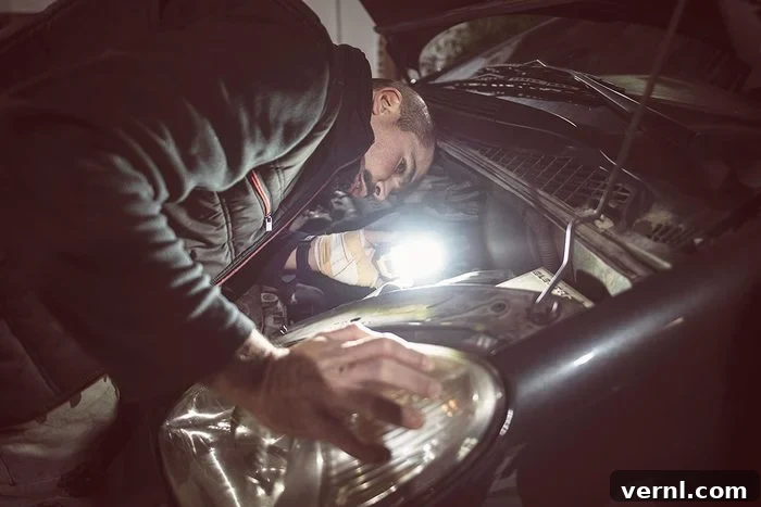 Car Thieves are Hacking Headlights: What to Know 2 mechanic repair car lights during a night emergency