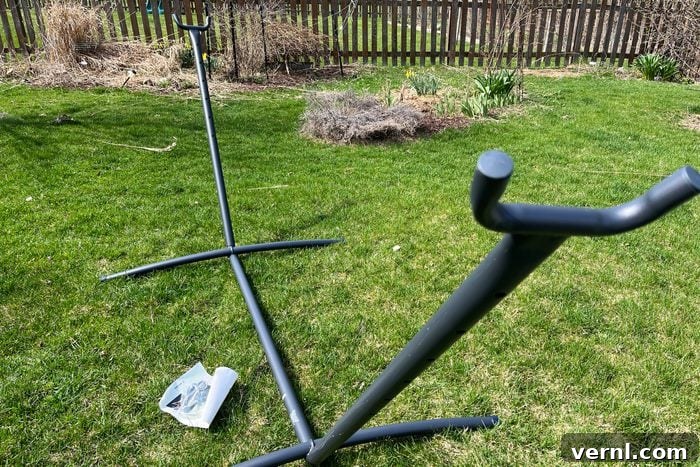 Yellow Leaf Hammock: Inside the Shark Tank Success Story 3 Yellow Leaf Hammock stand, showing the metal frame assembled outdoors.