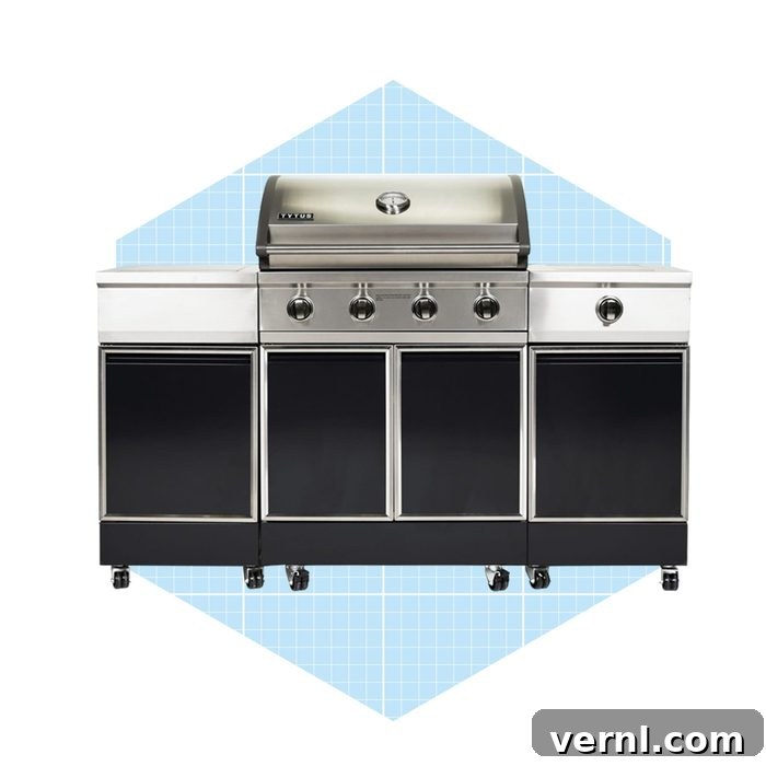 The Titus Grill Island: Uncovering Its Glowing Reviews 2 Tytus 4-Burner Gas Grill Island in an outdoor setting, showcasing its integrated design and storage
