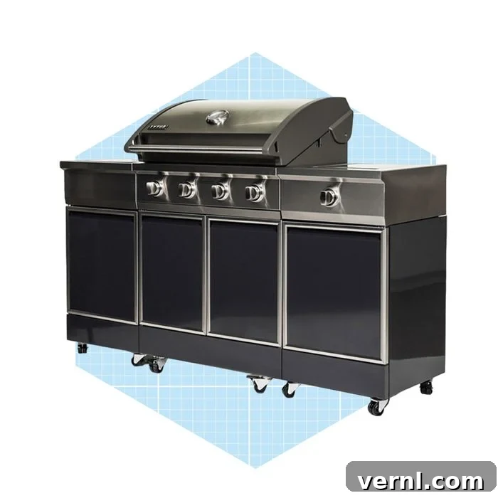 The Titus Grill Island: Uncovering Its Glowing Reviews 3 Tytus 4 Burner Gas Grill Island with elegant faux stone finish in a modern backyard