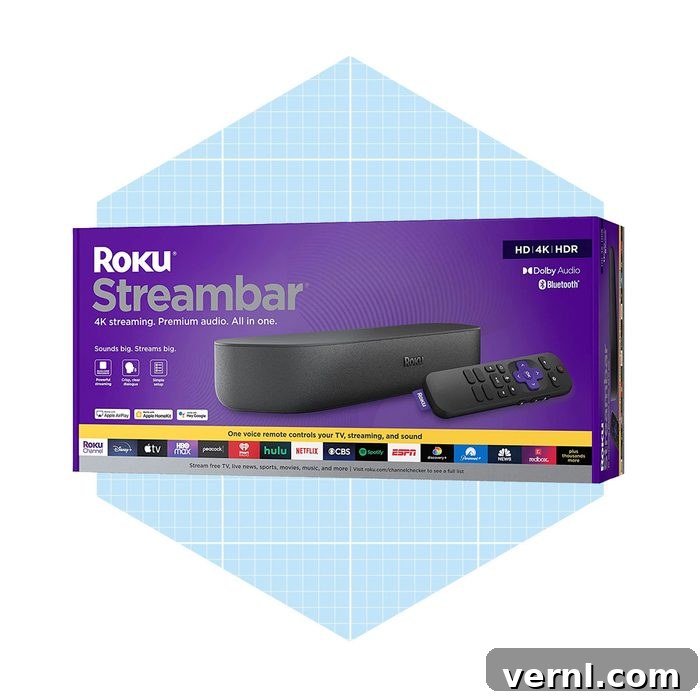 Roku Streambar box and contents, showing the device and accessories