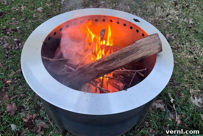 Burning wood inside the Breeo X Series smokeless fire pit in a backyard setting