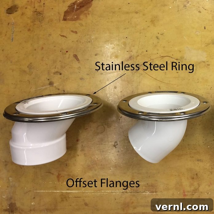 offset toilet flanges with stainless steel rings