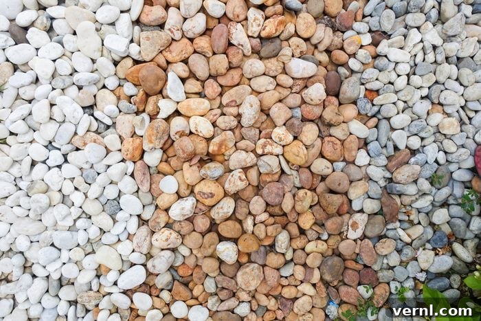 A vibrant variety of natural gravel colors and textures, showcasing different types of landscaping aggregate for diverse garden designs.