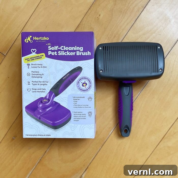 Hertzko Self-Cleaning Slicker Brush: 2024's Top Pick for Cat Shedding and Grooming 2 Hertzko Pet Brush box showcasing its self-cleaning feature and ergonomic design