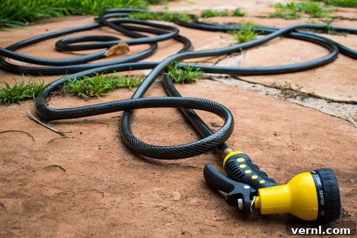 Cultivating Chaos: The Hottest Wild Gardening Trend 2 A Black Rubber Hose With A Bright Yellow Nozzle Randomly Coiled Across Terracotta Outdoor Tiles And Grass