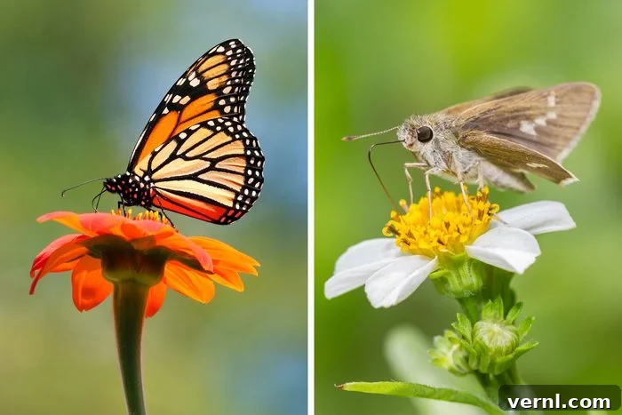 The Pollination Showdown: Butterfly or Moth 2 Butterfly And Moth Pollinators On Flowers side by side