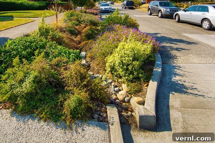 A Public Bioswale Made Of Drought Resistant Plants, Grasses, Rocks And Mulch.