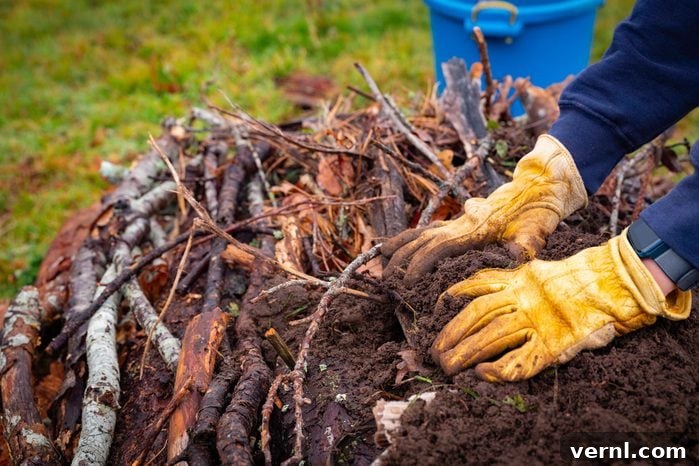 Hugelkultur vs. Traditional Beds: Choosing Your Garden's Champion 2 Close Up Photo Of A Person With Yellow Gloves Adding Dirt To The Top Of A Hügelkultur Mound
