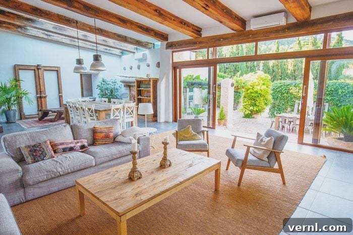 Unpacking the Tomatocore Aesthetic 2 Elegant farmhouse living area with sofas and easy chairs and patio doors open on to garden